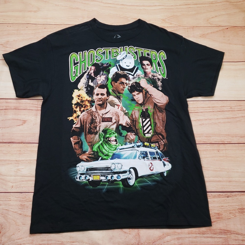 Ghostbusters Movie T-Shirt Mens Large‎ Black Ecto-1 Cast Slimer 100% Cotton